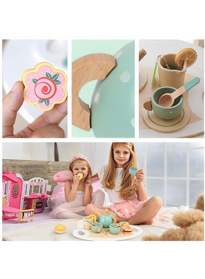 Wooden Tea Party Set for Little Girls Boys,Wooden Tea Toys with Tea Pot Cups,Toddler Tea Set Play Kitchen Accessories for Kids Tea Party Toys,Princess Kitchen Tea Party Pretend Play Toy