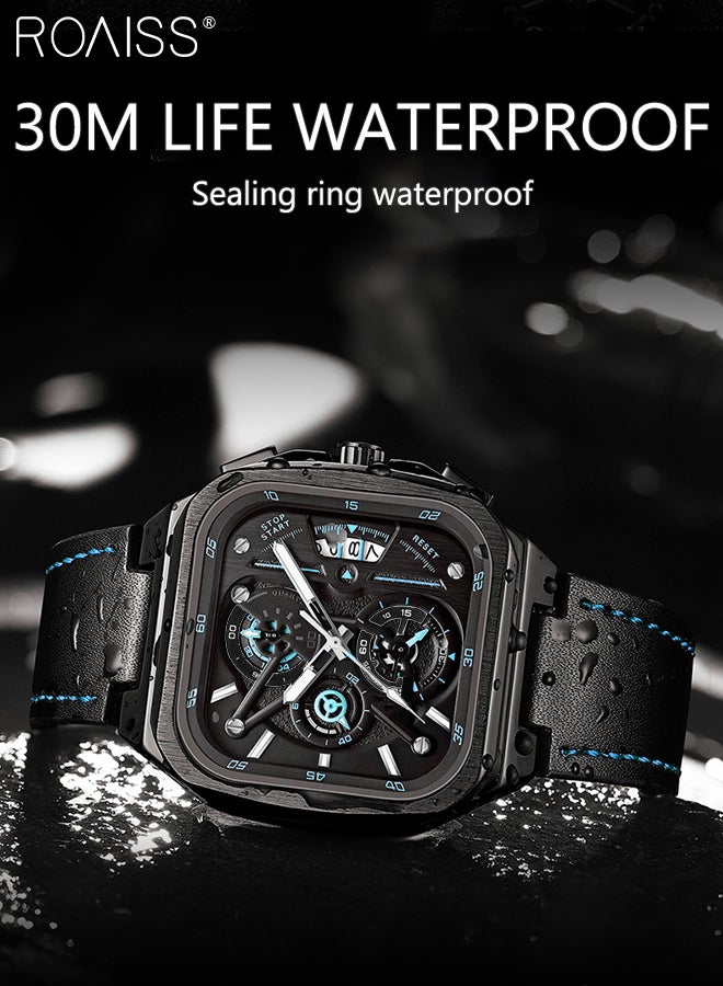 Men's Leather Strap Chronograph Quartz Watch Square Black Dial with Blue Numbers Waterproof Luminous Wristwatch as Gift for Men