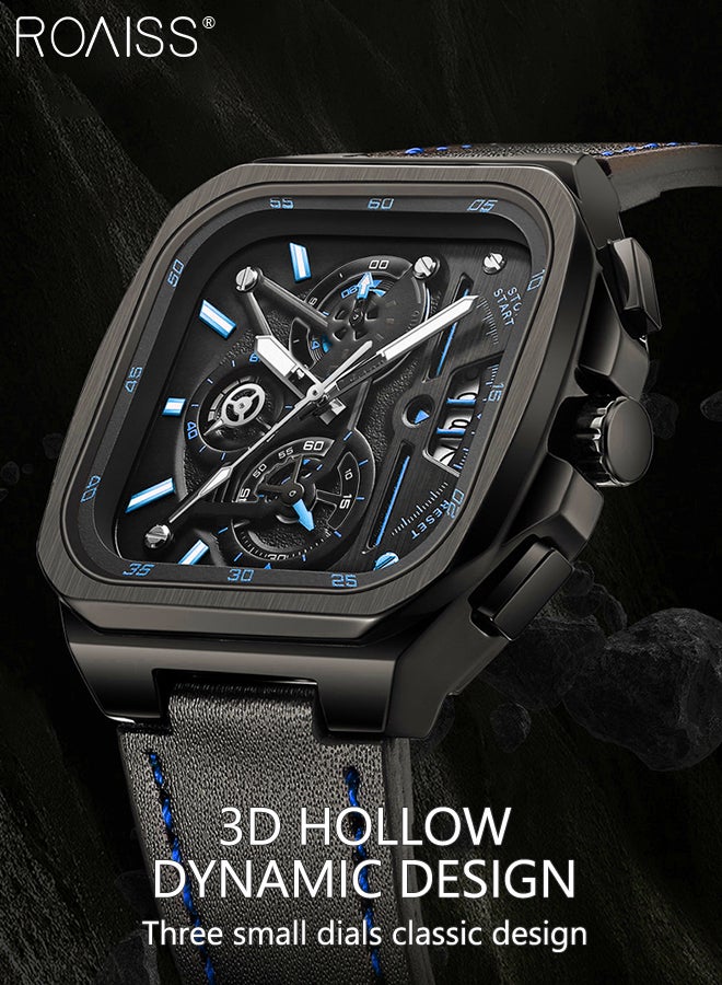 Men's Leather Strap Chronograph Quartz Watch Square Black Dial with Blue Numbers Waterproof Luminous Wristwatch as Gift for Men