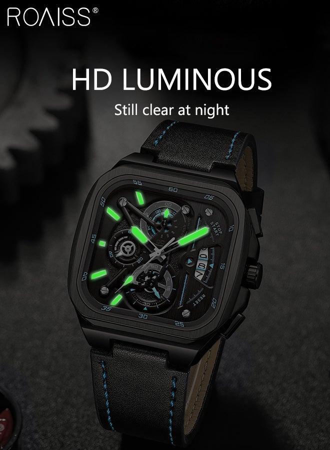 Men's Leather Strap Chronograph Quartz Watch Square Black Dial with Blue Numbers Waterproof Luminous Wristwatch as Gift for Men