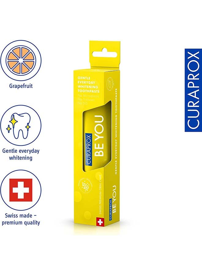 Curaprox Be You Grapefruit + Bergamot Toothpaste Yellow 60ml - Gentle Everyday Whitening Toothpaste - SLS Free, Microplastic Free, Triclosan Free, Fluoride Toothpaste