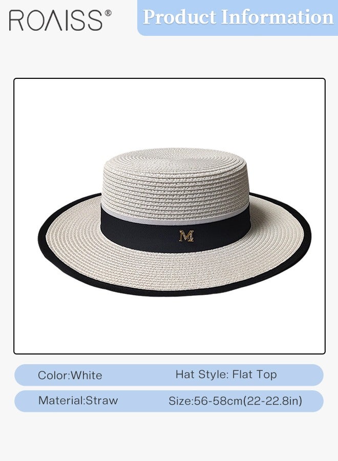 Classic Flat Top Straw Hat for Women Summer Beach Hat Vacation Sunshade Sunscreen Woven Hat Letter Decor Sun Hat Fashion Accessories