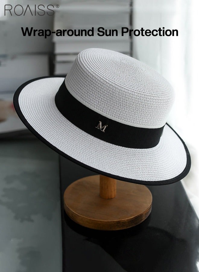 Classic Flat Top Straw Hat for Women Summer Beach Hat Vacation Sunshade Sunscreen Woven Hat Letter Decor Sun Hat Fashion Accessories