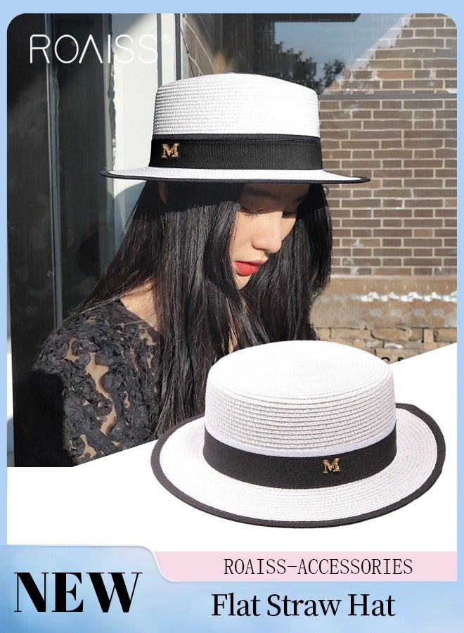 Classic Flat Top Straw Hat for Women Summer Beach Hat Vacation Sunshade Sunscreen Woven Hat Letter Decor Sun Hat Fashion Accessories