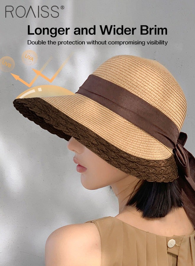 Bow Decor Straw Sun Hat for Women Summer Beach Wide Brim Adjustable Lightweight Foldable Packable Straw Hat Khaki