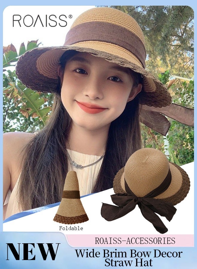 Bow Decor Straw Sun Hat for Women Summer Beach Wide Brim Adjustable Lightweight Foldable Packable Straw Hat Khaki