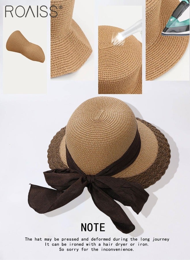 Bow Decor Straw Sun Hat for Women Summer Beach Wide Brim Adjustable Lightweight Foldable Packable Straw Hat Khaki