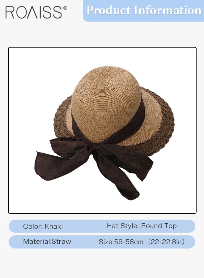 Bow Decor Straw Sun Hat for Women Summer Beach Wide Brim Adjustable Lightweight Foldable Packable Straw Hat Khaki