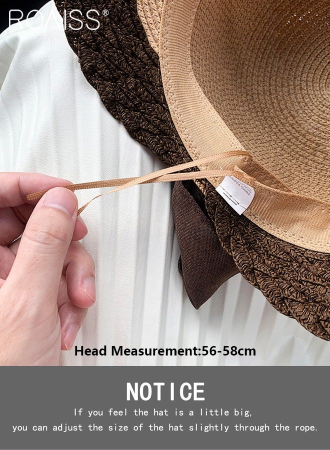 Bow Decor Straw Sun Hat for Women Summer Beach Wide Brim Adjustable Lightweight Foldable Packable Straw Hat Khaki