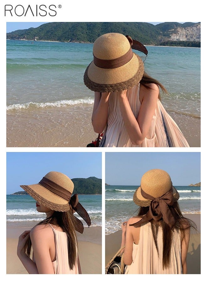 Bow Decor Straw Sun Hat for Women Summer Beach Wide Brim Adjustable Lightweight Foldable Packable Straw Hat Khaki