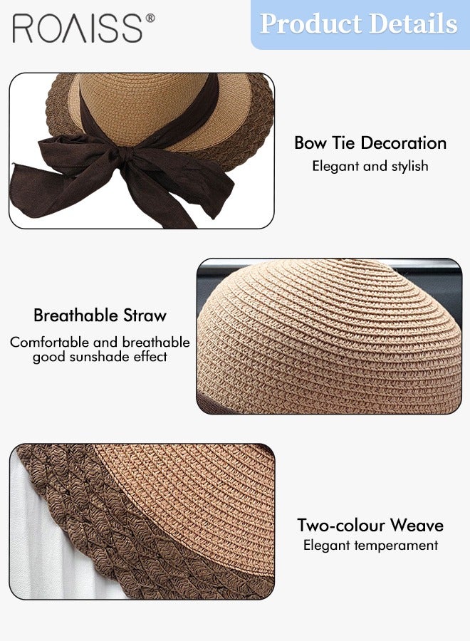 Bow Decor Straw Sun Hat for Women Summer Beach Wide Brim Adjustable Lightweight Foldable Packable Straw Hat Khaki