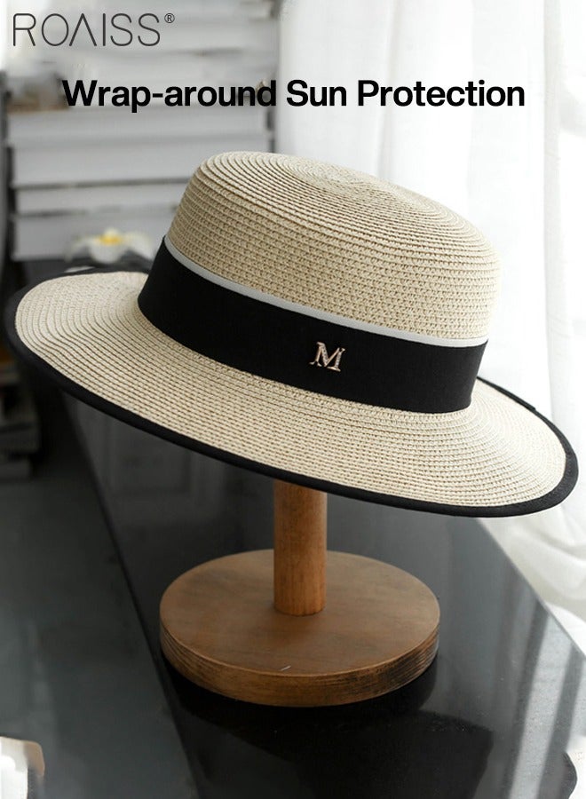 Classic Flat Top Straw Hat for Women Summer Beach Hat Vacation Sunshade Sunscreen Woven Hat Letter Decor Sun Hat Fashion Accessories