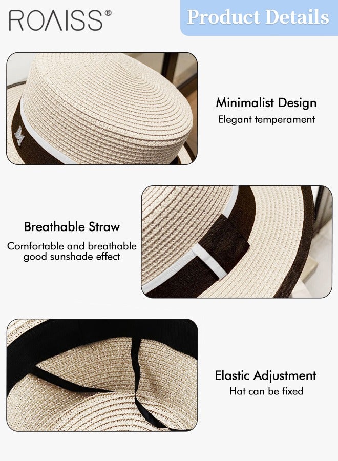 Classic Flat Top Straw Hat for Women Summer Beach Hat Vacation Sunshade Sunscreen Woven Hat Letter Decor Sun Hat Fashion Accessories