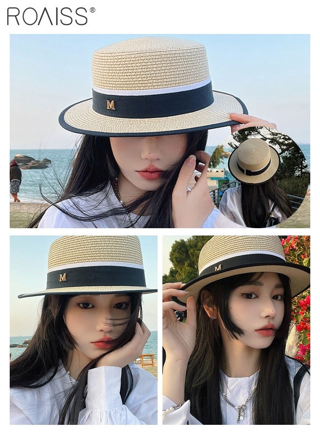 Classic Flat Top Straw Hat for Women Summer Beach Hat Vacation Sunshade Sunscreen Woven Hat Letter Decor Sun Hat Fashion Accessories