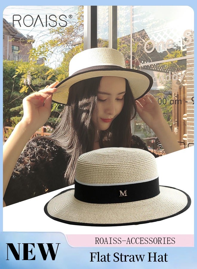 Classic Flat Top Straw Hat for Women Summer Beach Hat Vacation Sunshade Sunscreen Woven Hat Letter Decor Sun Hat Fashion Accessories