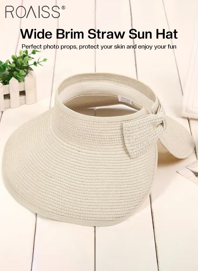 Women's Wide Brim Straw Hat with Bow Decor UV Protection Breathable Foldable Open Top Sun Visor Hat for Beach Vacation Packable Hat Floppy Cap Deep Style Adjustable Size