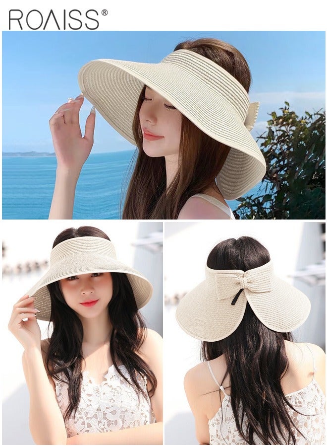 Women's Wide Brim Straw Hat with Bow Decor UV Protection Breathable Foldable Open Top Sun Visor Hat for Beach Vacation Packable Hat Floppy Cap Deep Style Adjustable Size