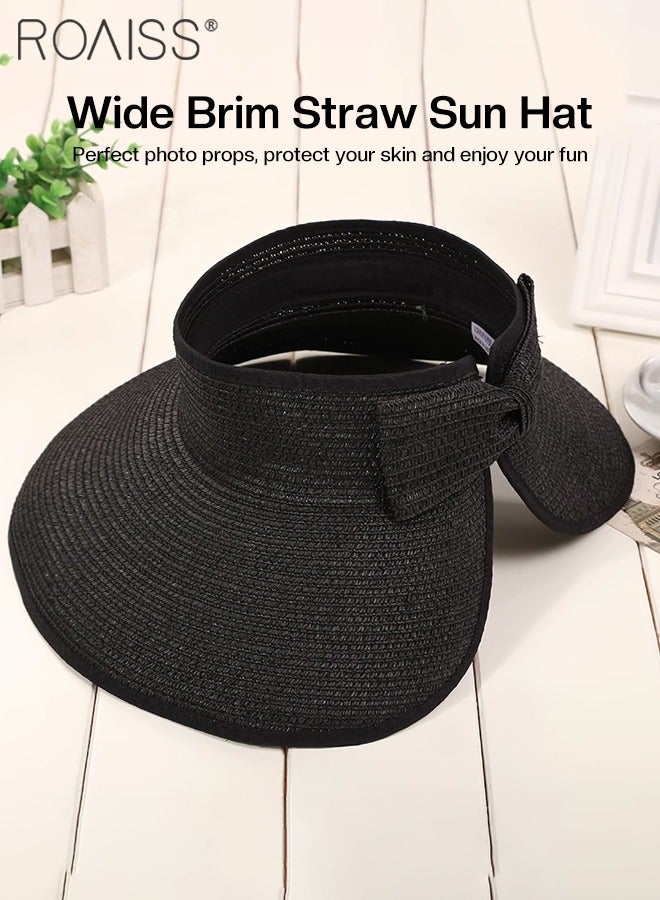 Women's Wide Brim Straw Hat with Bow Decor UV Protection Breathable Foldable Open Top Sun Visor Hat for Beach Vacation Packable Hat Floppy Cap Deep Style Adjustable Size