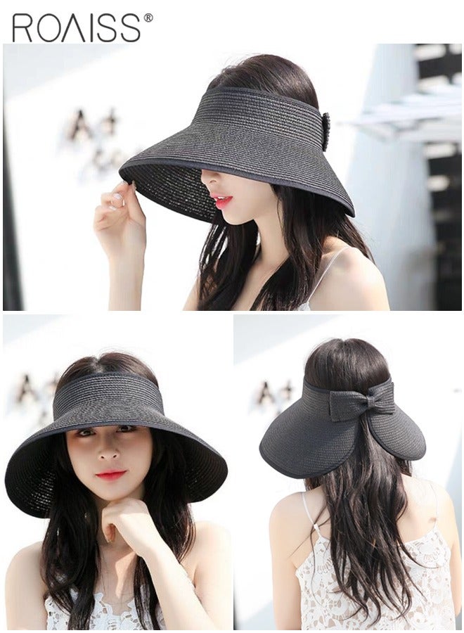 Women's Wide Brim Straw Hat with Bow Decor UV Protection Breathable Foldable Open Top Sun Visor Hat for Beach Vacation Packable Hat Floppy Cap Deep Style Adjustable Size