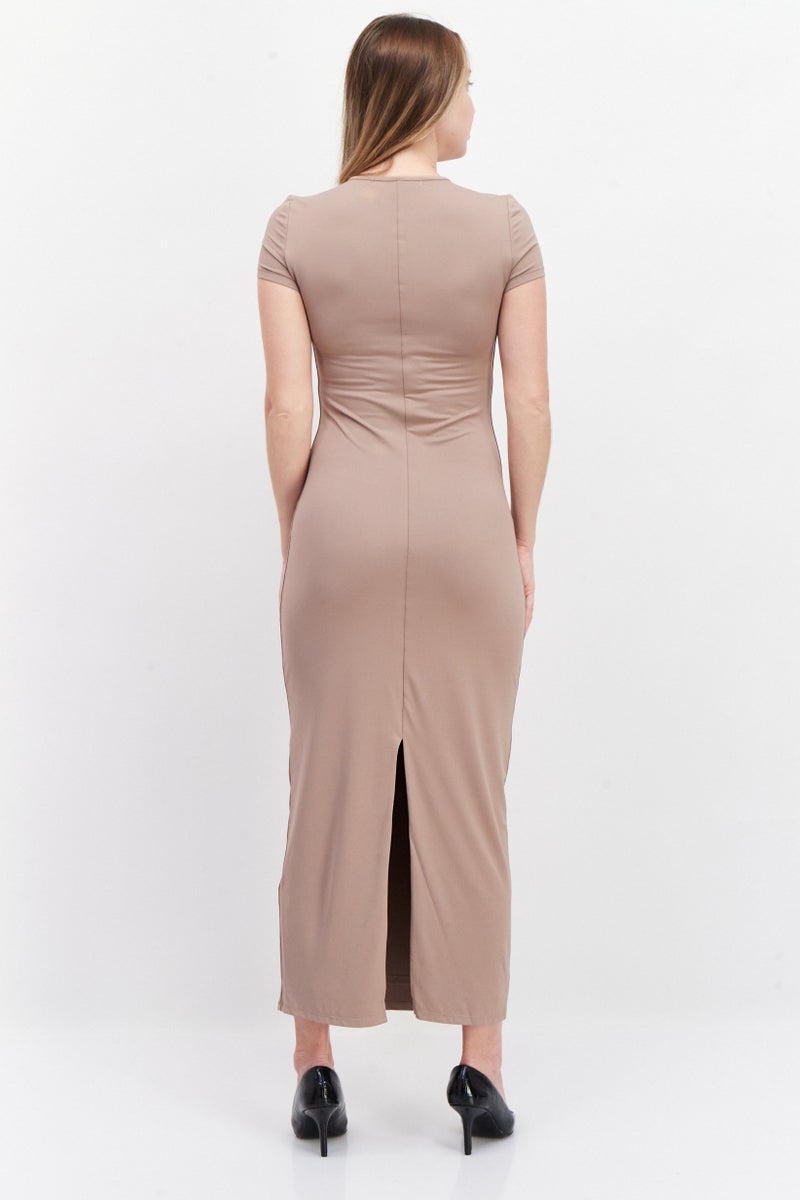 Women Plain Midi Dress, Beige