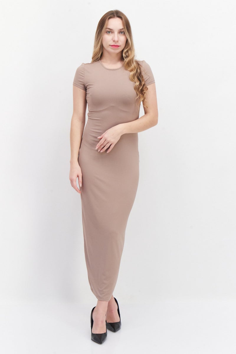 Women Plain Midi Dress, Beige