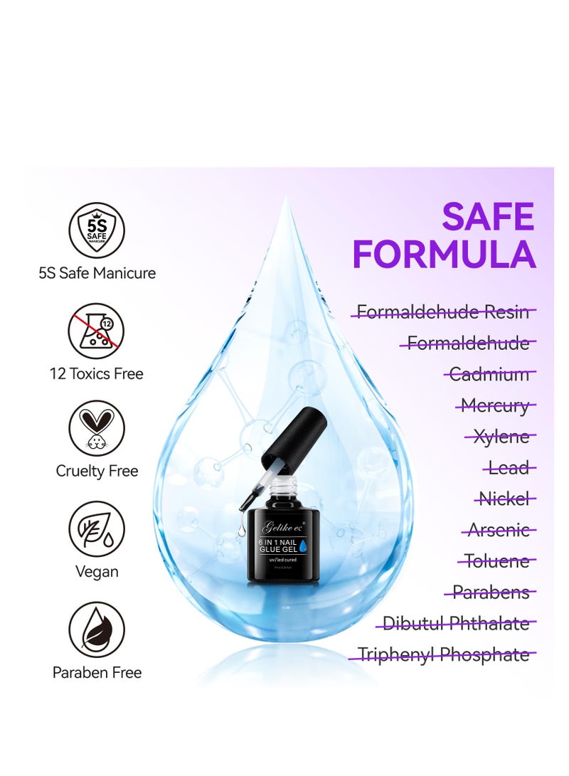 Gelike EC Gel Nail Glue UV - 6 in 1 Gel Glue for Nail Tips Need UV Light,Strong Adhesive for Press on Nails Acrylic Tips