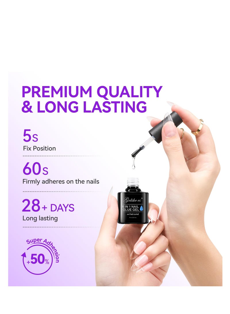 Gelike EC Gel Nail Glue UV - 6 in 1 Gel Glue for Nail Tips Need UV Light,Strong Adhesive for Press on Nails Acrylic Tips