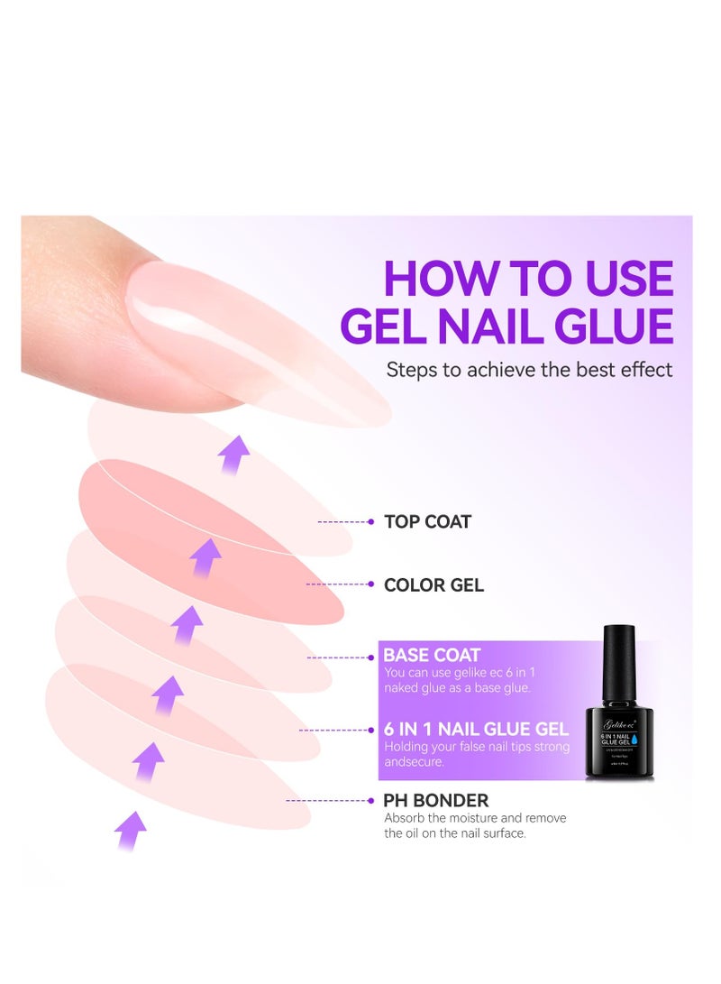 Gelike EC Gel Nail Glue UV - 6 in 1 Gel Glue for Nail Tips Need UV Light,Strong Adhesive for Press on Nails Acrylic Tips