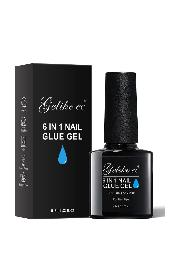 Gelike EC Gel Nail Glue UV - 6 in 1 Gel Glue for Nail Tips Need UV Light,Strong Adhesive for Press on Nails Acrylic Tips