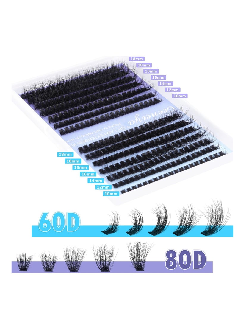 Geeneiya Fluffy Lash Extension Kit Cluster Eyelash Extension Kit Clusters Individual Lashes Kit with Lash Bond and Seal Glue, Lash Remover, Lash Applicator, User Manual for Beginners(60P+80P, 280Pcs)