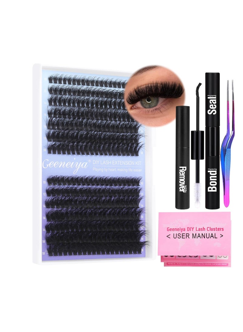 Geeneiya Fluffy Lash Extension Kit Cluster Eyelash Extension Kit Clusters Individual Lashes Kit with Lash Bond and Seal Glue, Lash Remover, Lash Applicator, User Manual for Beginners(60P+80P, 280Pcs)