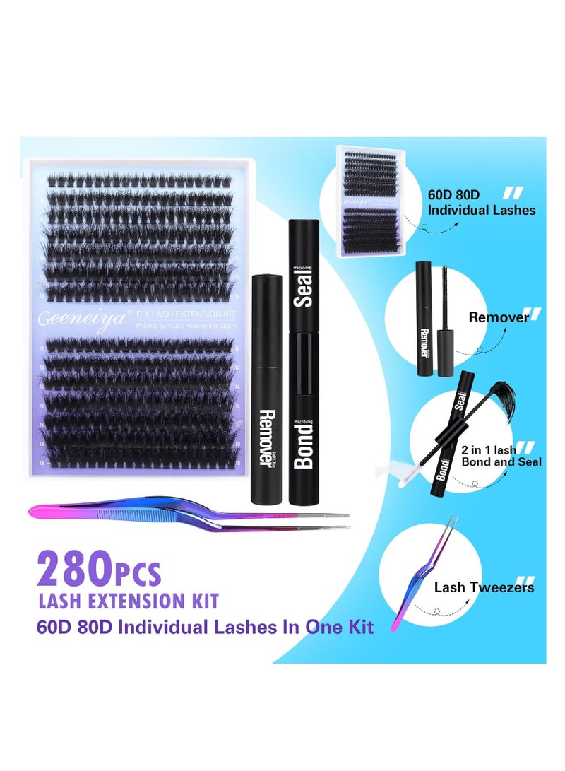 Geeneiya Fluffy Lash Extension Kit Cluster Eyelash Extension Kit Clusters Individual Lashes Kit with Lash Bond and Seal Glue, Lash Remover, Lash Applicator, User Manual for Beginners(60P+80P, 280Pcs)