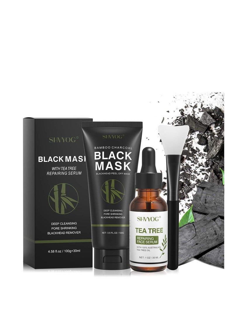 SHVYOG Blackhead Peel Off Face Mask, 3-in-1 Blackhead Remover Mask with Brush & Tea Tree Oil Serum, Charcoal Mask for Deep Cleansing Dirts, Pores, Skin Oil (100g+30ml)