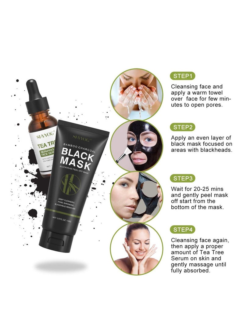 SHVYOG Blackhead Peel Off Face Mask, 3-in-1 Blackhead Remover Mask with Brush & Tea Tree Oil Serum, Charcoal Mask for Deep Cleansing Dirts, Pores, Skin Oil (100g+30ml)