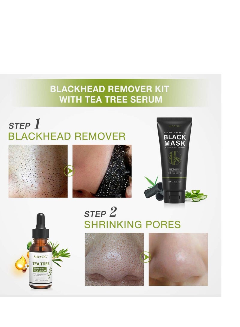 SHVYOG Blackhead Peel Off Face Mask, 3-in-1 Blackhead Remover Mask with Brush & Tea Tree Oil Serum, Charcoal Mask for Deep Cleansing Dirts, Pores, Skin Oil (100g+30ml)