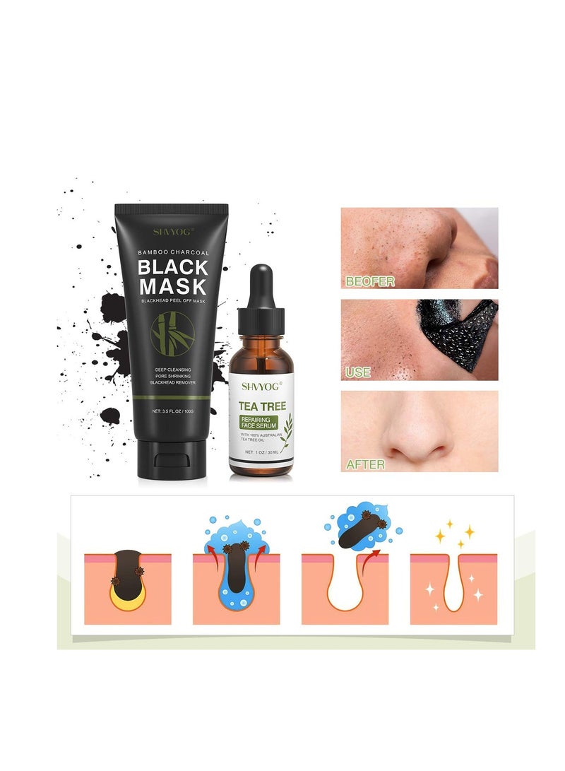 SHVYOG Blackhead Peel Off Face Mask, 3-in-1 Blackhead Remover Mask with Brush & Tea Tree Oil Serum, Charcoal Mask for Deep Cleansing Dirts, Pores, Skin Oil (100g+30ml)
