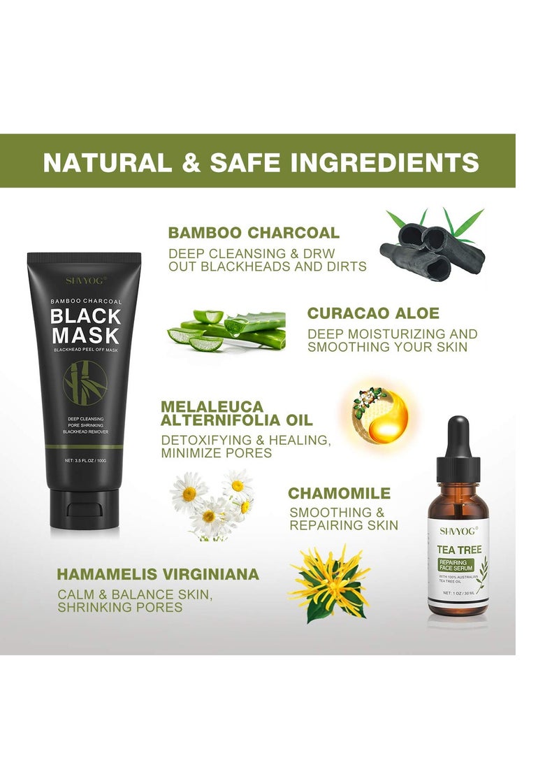 SHVYOG Blackhead Peel Off Face Mask, 3-in-1 Blackhead Remover Mask with Brush & Tea Tree Oil Serum, Charcoal Mask for Deep Cleansing Dirts, Pores, Skin Oil (100g+30ml)
