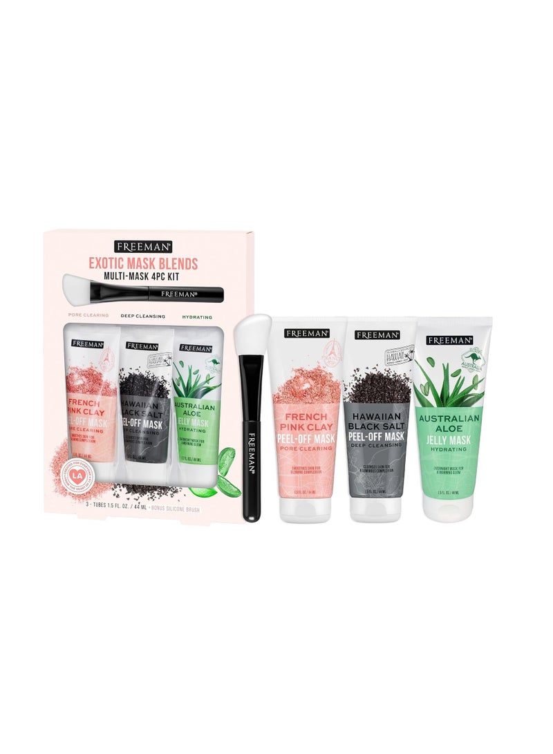 Freeman Exotic Blends Facial Mask 4 Piece Set, Peel-Off & Jelly Masks, Cleansing, Pore-Clearing & Hydrating Facial Masks, For All Skin Types, Includes Silicone Mask Brush, Vegan & Cruelty-Free