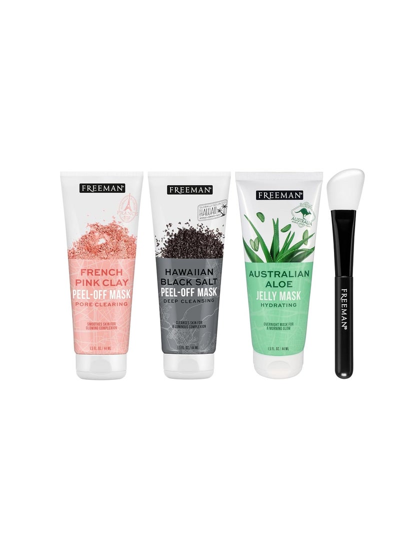 Freeman Exotic Blends Facial Mask 4 Piece Set, Peel-Off & Jelly Masks, Cleansing, Pore-Clearing & Hydrating Facial Masks, For All Skin Types, Includes Silicone Mask Brush, Vegan & Cruelty-Free