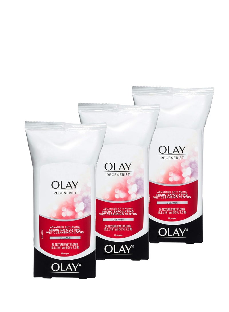 Olay Regenerist Micro-Exfoliating Wet Cleansing Cloths, Multicolor, 30 Count (Pack of 3)