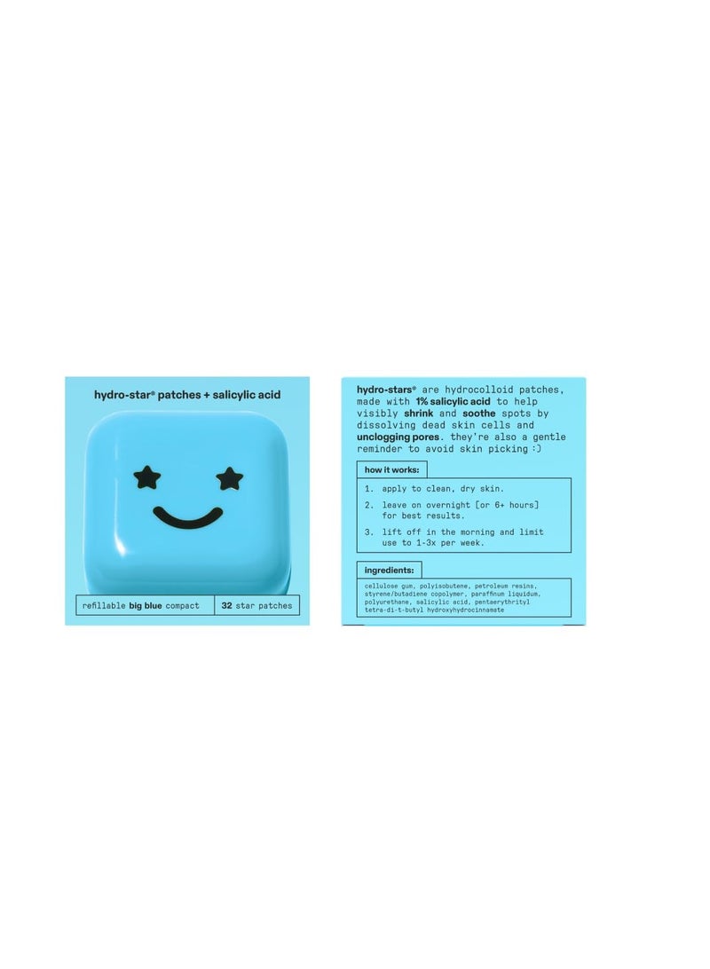 Starface Hydro-Star + Salicylic Acid Pimple Patches and Big Blue Compact, Helps Shrink and Soothe Deeper Spots, Cute Star Shape, Vegan, 32 count