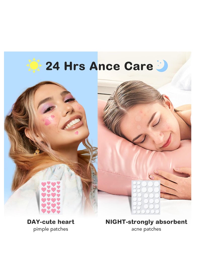 Pimple Patches for Face: 6 Sizes Day and Night Acne Patches Heart Zit Patches - Cute Spot Stickers with Tea Tree & Centella Oil, Strong Adhesion Zit Covers | 196 Counts