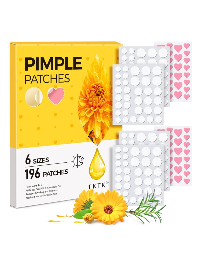 Pimple Patches for Face: 6 Sizes Day and Night Acne Patches Heart Zit Patches - Cute Spot Stickers with Tea Tree & Centella Oil, Strong Adhesion Zit Covers | 196 Counts