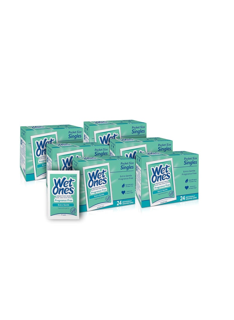 Wet Ones Hand and Face Wipes Singles, Unscented Wipes for Sensitive Skin | Individual Wipes, Hand Wipes Individually Wrapped | 24 ct. (6 pack)