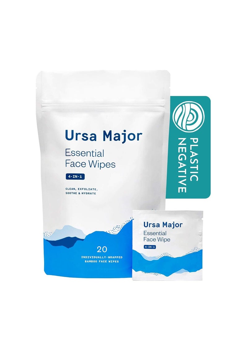 Ursa Major Essential Face Wipes | Natural, Biodegradable, Cruelty-Free | Cleanse, Exfoliate, Soothe and Hydrate | Individually Wrapped | 20 Count