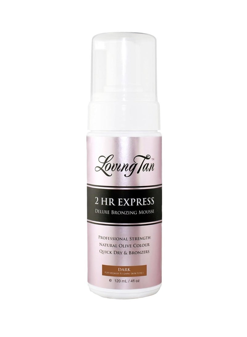 Loving Tan 2 HR Express Mousse, Dark- Streak Free, Natural looking, Professional Strength Sunless Tanner - Up to 5 Self Tan Applications per Bottle, Cruelty Free, Naturally Derived DHA - 4 FL Oz