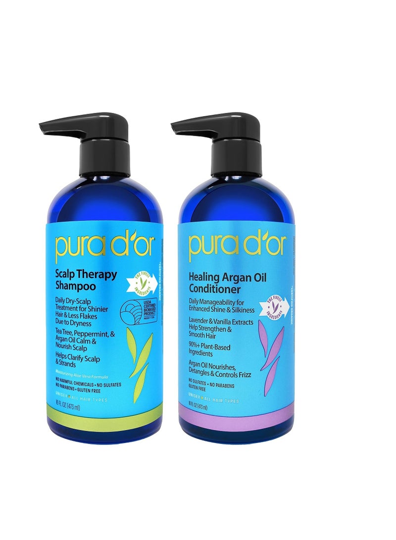 PURA D'OR Scalp Therapy Shampoo & Conditioner Set (16oz x 2) Dry, Itchy Scalp-Hydrates & Nourishes Hair w/Tea Tree, Peppermint, Argan Oil & Biotin, All Hair Type, 3 in 1, Men Women (Packaging Varies)