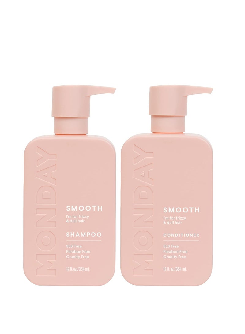 MONDAY HAIRCARE Smooth Shampoo + Conditioner Bathroom Set (2 Pack) 12oz Each for Frizzy, Coarse, and Curly Hair, Made from Coconut Oil, Shea Butter, & Vitamin E, 100% Recyclable Bottles, Pink