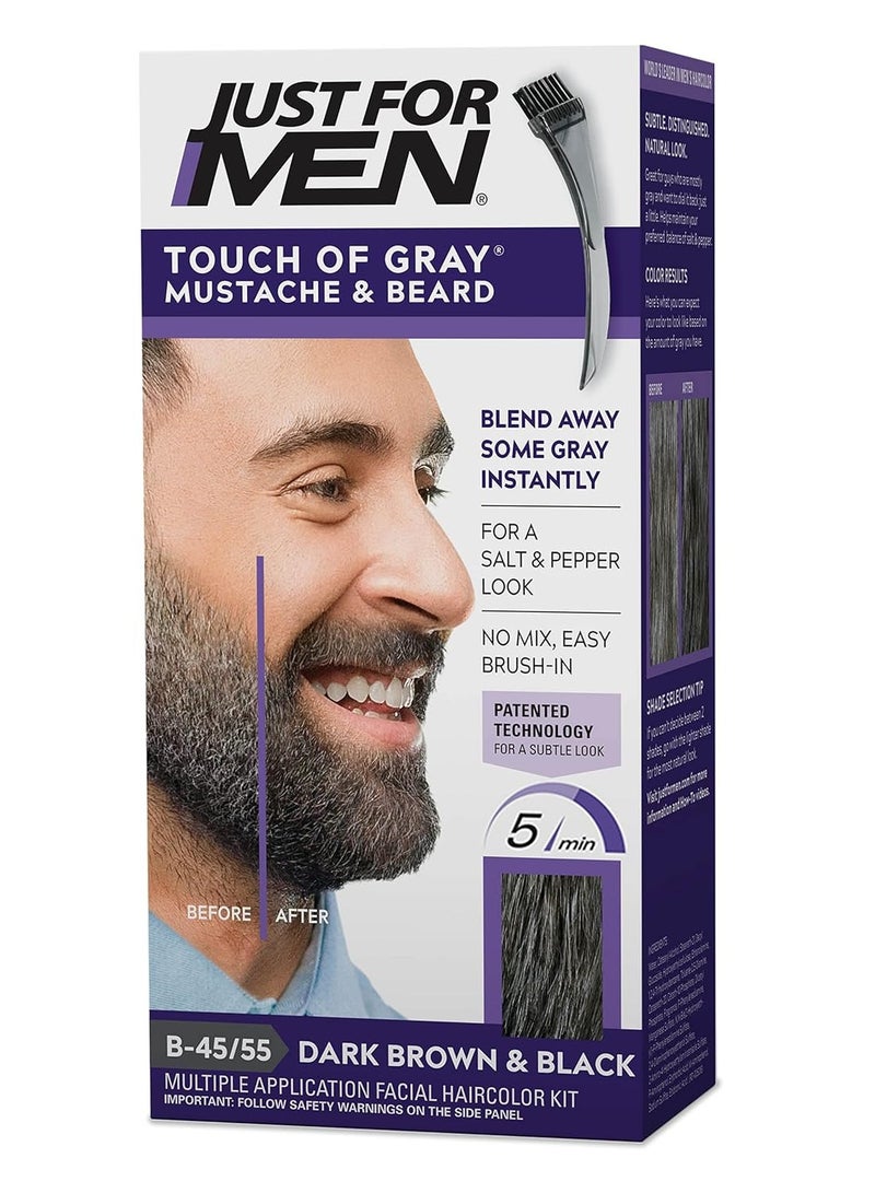 Just For Men Touch of Gray Mustache & Beard, Beard Coloring for Gray Hair with Brush Included for Easy Application, Great for a Salt and Pepper Look - Dark Brown & Black, B-45/55, Pack of 1