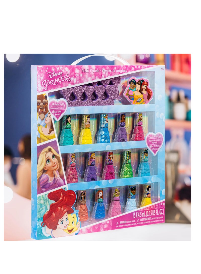 Disney Princess 15 Piece Water-Based Nail Polish with 3 Toe Spacers, Quick Dry, Peel Off, Gift Kit Set for Kids Girls, Ages 3 by Townley Girl